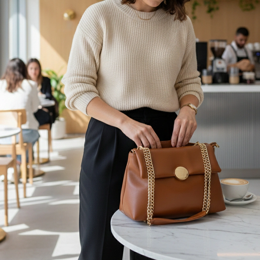 Luxury Women’s Caramel Sling Bag with Gold Chain Strap - Image 9