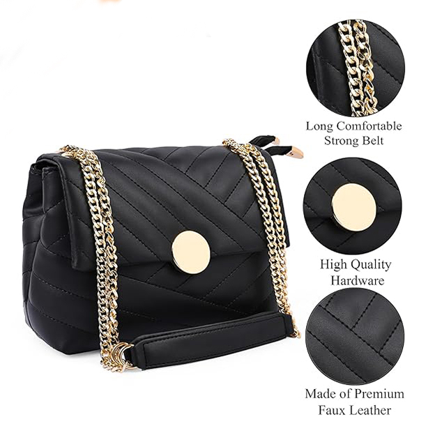Black Quilted Crossbody Sling Bag With Gold Chain for Girls - Image 3