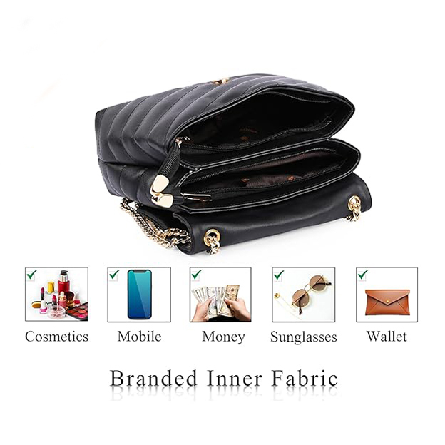 Black Quilted Crossbody Sling Bag With Gold Chain for Girls - Image 4