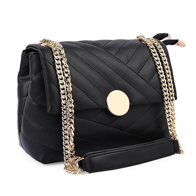 Black Quilted Crossbody Sling Bag With Gold Chain for Girls