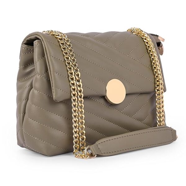 Muted Brown Quilted Crossbody Sling Bag With Gold Chain for Girls